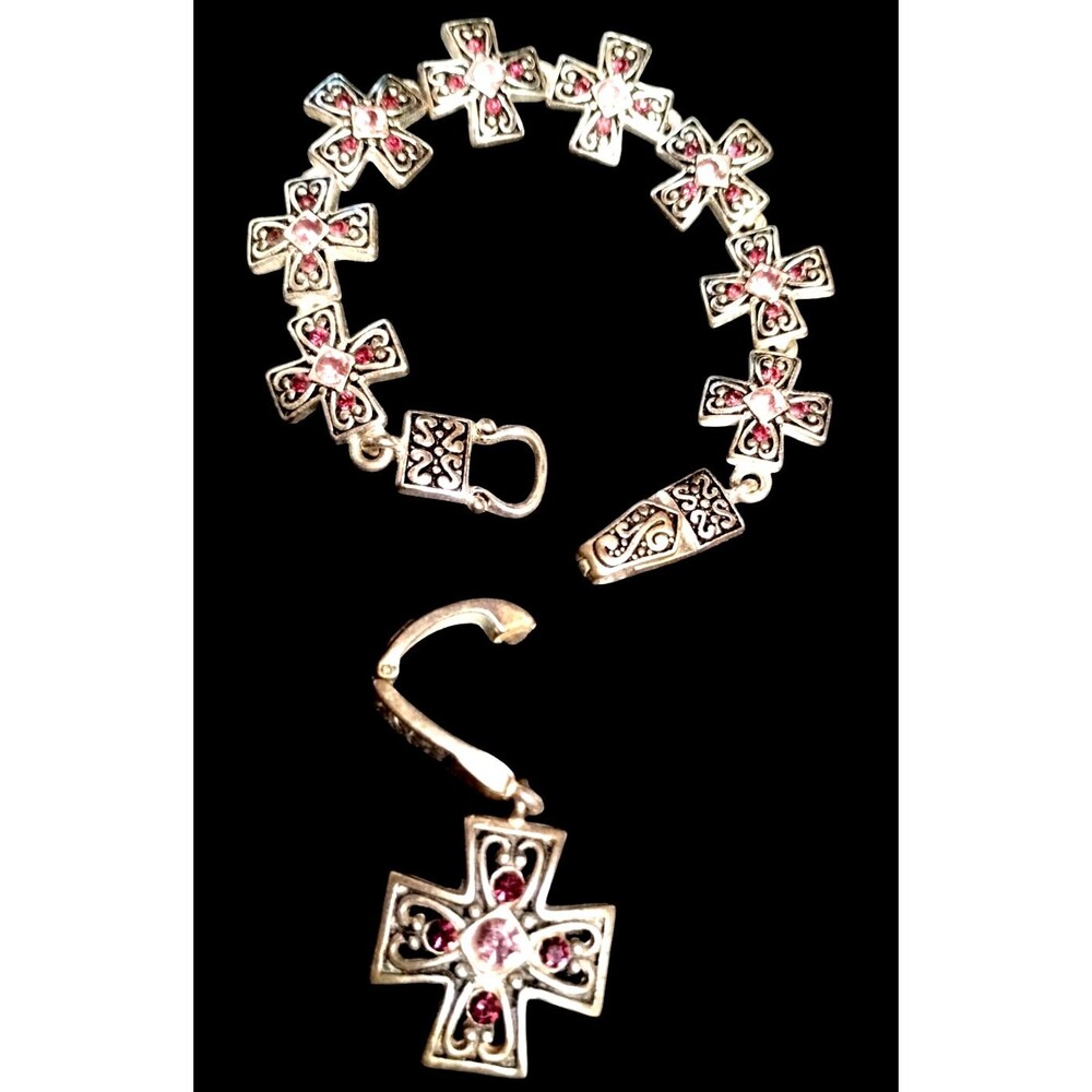 Sterling Plated Cross Bracelet and Pendant Pink Stones Magnetic Clasp